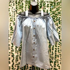 Off Shoulder Blue Denim Long Sleeve Stretch Blouse